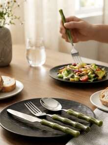 Stainless Steel Acrylic Bamboo Handle Western Style Knife Fork Spoon Dessert Spoon Fruit Fork - Green - View 5