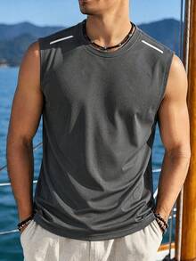 1pc Men's Training Sleeveless Tank Top, Summer Quick-Dry Elastic Top, Round Neck Reflective Print, Jogging Fitness Vest - Dark Grey - View 1
