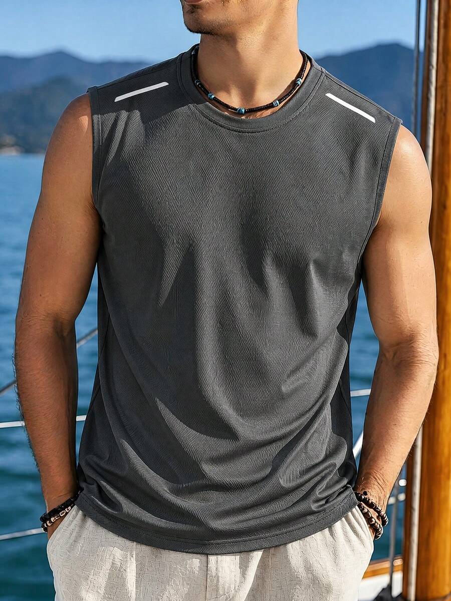 1pc Men's Training Sleeveless Tank Top, Summer Quick-Dry Elastic Top, Round Neck Reflective Print, Jogging Fitness Vest - Dark Grey - View 1