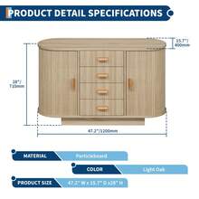 Gabinete de buffet de 47 pulgadas con almacenamiento, gabinete de barra de café con 4 cajones y 2 puertas deslizantes arqueadas, mesa de buffet de almacenamiento de madera moderna para cocina, sala de - Roble claro - Ver 2