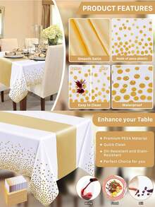 6pcs White & Gold Polka Dot Tablecloth With Satin Table Runner - 54"X108" Disposable Plastic Tablecloth And 12"X108" Gold Table Runner Set, Suitable For Wedding, Birthday, Halloween & Christmas Party Decoration - Multicolor - View 7