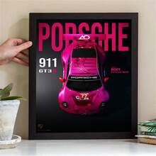Pink Porsche 911 GT3 R R-OXY Vertical Canvas Poster, Dark Gradient Background Top Down Race Car Shot Big Bold "PORSCHE" Text Print, Unframed Wall Art For Car Enthusiast Garage Bedroom Decor - A - View 4