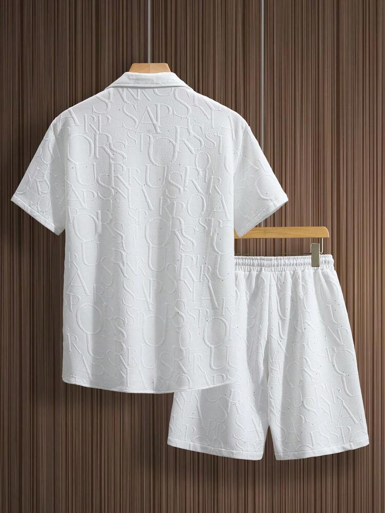 Men's Premium Solid Color Rhinestone 3D Letter Set, Blazer Collar Knit Short Sleeve Button-Up Top + Loose Shorts With Pockets, Beach Party, Casual Daily Wear - White - View 4