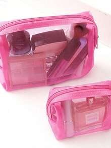 3pcs Pink Transparent Mesh Makeup Bag Set - Small Lipstick Storage Bag, Medium Portable Toiletry Bag, Convenient Makeup Organizer, Suitable For Outdoor Travel - Multicolor - View 5