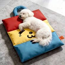 1Pc Red Yellow Blue Color Block Cartoon Face Pet Bed Mat With Carry Handle, Thick Soft Waterproof Foldable Washable Sleeping Cushion, Portable Rest Pad For Small Medium Dogs Cats Indoor Car Travel Home Sofa Use - Blue - View 4