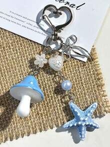 1pc Cute Summer Ocean Style Mushroom Starfish Keychain With Silver Bow Heart Charms, Heart Spring Clasp Anti-Lost Design For Airpods & Car Key, Premium Holiday Birthday Gift For Ladies - Multicolor - View 5