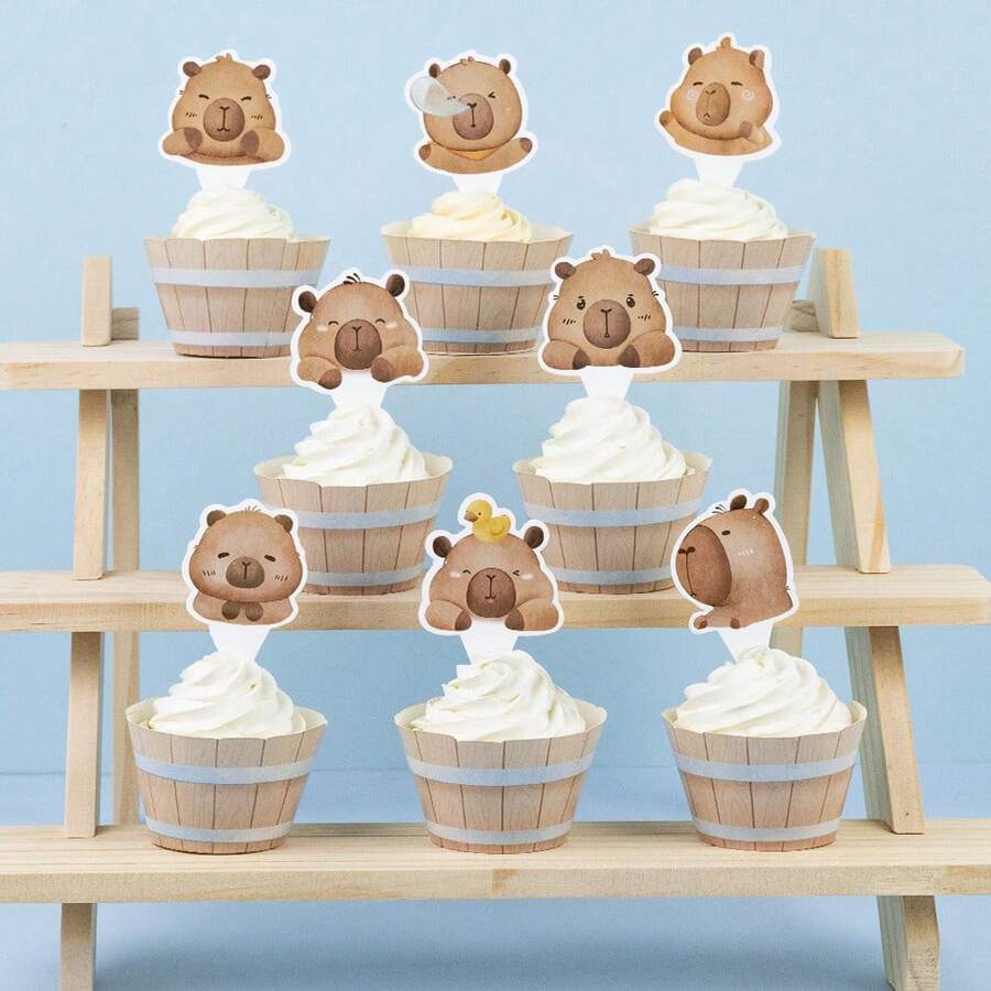 16pcs/Set (8 Cupcake Liners + 8 Cake Toppers) Capybara Cake Decoration Set, Suitable For Capybara Theme Birthday Party Decoration, Baby Shower, Party Supplies - View 1