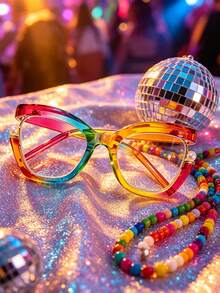 1 Pair Y2K Rainbow Gradient Cat-Eye Glasses, Color Gradient Frames Inlaid With Pearls, Perfect For Summer Trips, Street Shots & Party Accessories - 彩虹色 - 查看 1