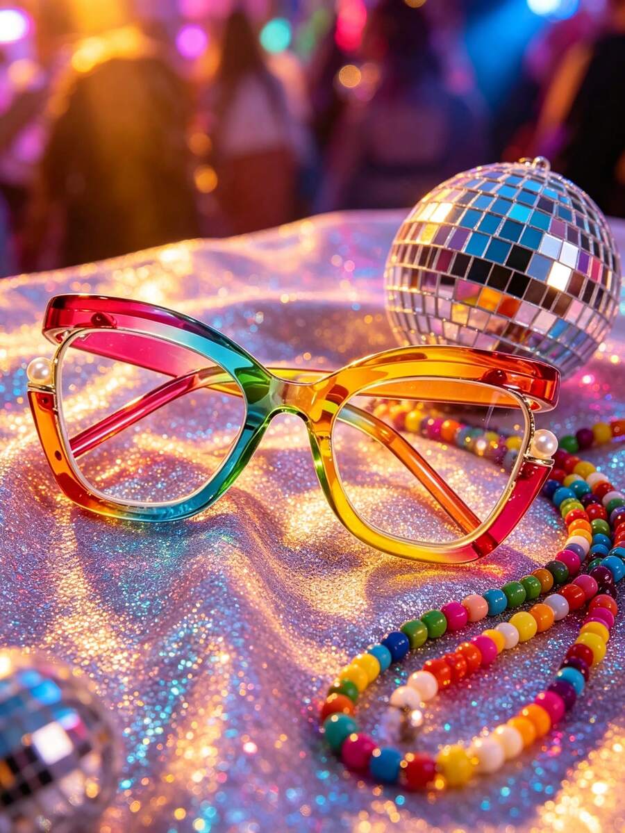 1 Pair Y2K Rainbow Gradient Cat-Eye Glasses, Color Gradient Frames Inlaid With Pearls, Perfect For Summer Trips, Street Shots & Party Accessories - 彩虹色 - 查看 1