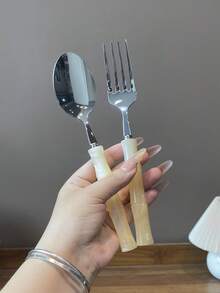 Stainless Steel Acrylic Bamboo Handle Western Style Knife Fork Spoon Dessert Spoon Fruit Fork - Green - View 9