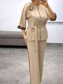 Women's Spring/Autumn Casual Fashion Round Neck Long Sleeve Top And Solid Color Long Pants Minimalist Daily 2-Piece Set - Apricot - View 3