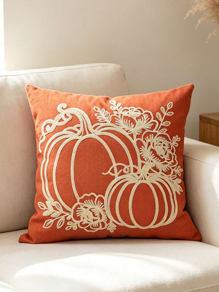 1 buah Sarung Bantal Hias Bordir Bertema Panen Thanksgiving, Sarung Bantal Sofa Serbaguna, Cocok untuk Sofa Ruang Tamu, Tempat Tidur Kamar Tidur, Desain Resleting Tersembunyi, Dapat Dilepas dan Dicuci, Isi Bantal Tidak Termasuk - Jeruk - View 1