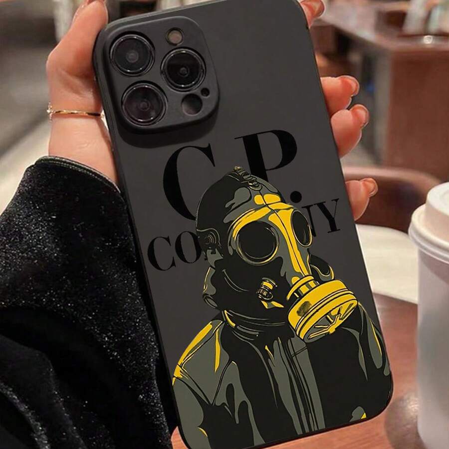 [24h Versand Aus DE/FR/ES]Black Base Yellow Outline Gas Mask Character Retro Font Graphic Slim Soft TPU Phone Cover Fit  11-17 Air Series,  S21-S26 Ultra,   Fingerprint Resistant Anti-Fall Phone Case, Minimal Grunge Street Fashion Festival Present For Urban Style Enthusiast Friends - 1 Main Image - View 1