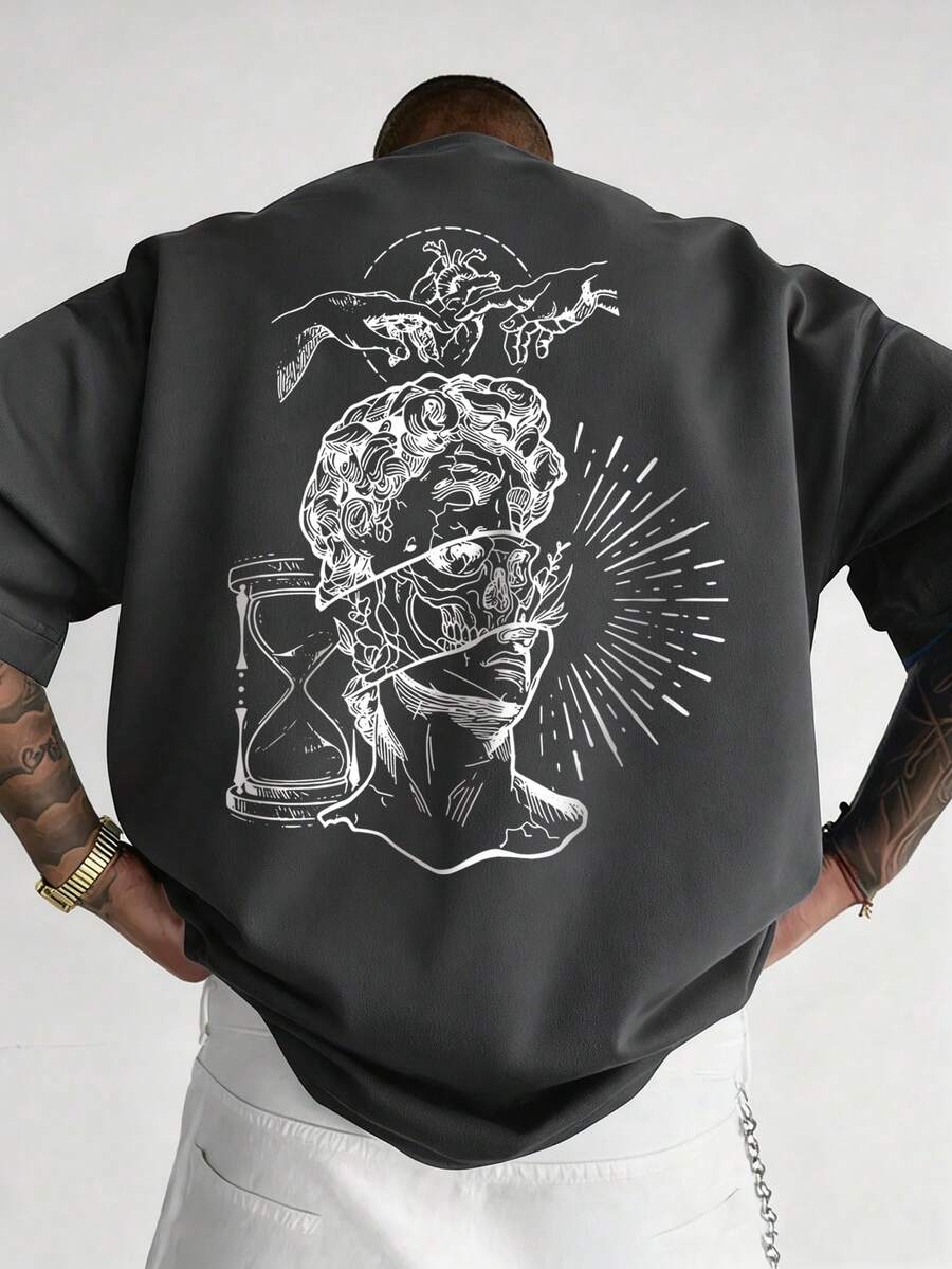男士夏季時尚百搭休閒素描肖像印花舒適圓領短袖T恤 - 深灰色 - 查看 1