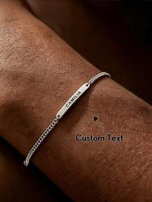 1 pieza Pulsera de barra personalizada con texto grabado, joyería minimalista de acero inoxidable para mujer - Plateado - Ver 1
