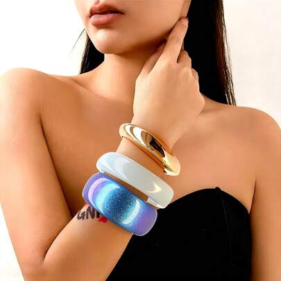 GNIT Chunky Resin & Metal Bangle Set - 3Pcs/1pc 18K Gold Plated & Glossy Black Bangles Edgy Resin Bracelet Set - Lightweight Galaxy Gradie