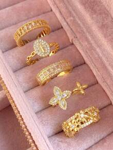 5pcs Luxury Cubic Zirconia Chain Open Copper Ring Set, Suitable For Women's Party And Gathering - Gold - View 4