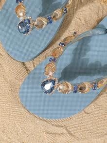 Evertop Surf Original New Women's Fashion Flip Flops, Metal Shell Luxury Water Drop Glass Rhinestone Chain Toe Strap Sandals, Ocean Beach Vacation Slippers, Soft Sole Waterproof Women's Shoes, Beach Photography Props, Holiday Gift Choice - Baby Blue - View 3