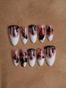 10pcs Handmade Almond Shape 3D Gel Press-On Nails, Halloween Horror Blood Drip & Splatter Gothic Style Fake Nails, Reusable Women's Funny Costume Nail Tips - Red - View 2