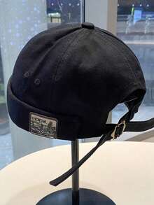 1pc Unisex Vintage Round Top Flat Cap, No Brim, With Pattern, Street Style, Suitable For Outdoor Activities, Unique Design - Black - View 4