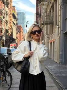 FGGG Women's Spring/Summer Drop-Shoulder Long Sleeve Small Stand Collar Elegant Old Money Style Short Woven Jacket, Beige - Beige - View 2