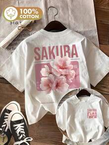 Japanese Pink Sakura Cherry Blossom Graphic Cotton Tee For Ladies, Crew Neck Short Sleeve Light All-Match Summer Daily Outfit - 白色 - 查看 3