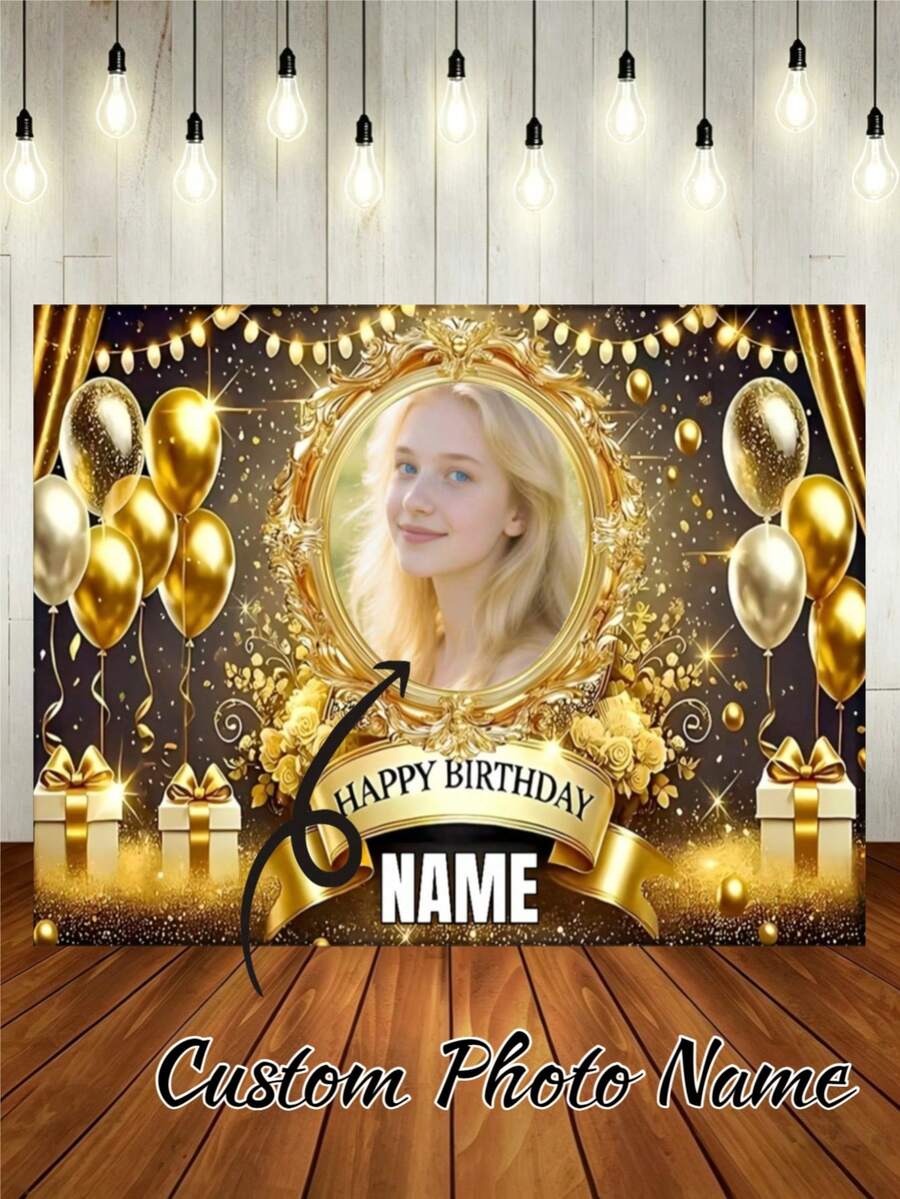 1pc Customizable Photo Name Gold Background Happy Birthday Backdrop, Gold Balloons, Cake, Fireworks, Floral Design, Suitable For Birthday, Bridal Shower, Party Gifts, Party Decor, Photography Backdrop, Vinyl Material - Gold - View 1