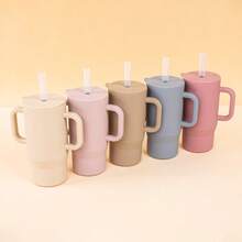 Silicone Large Capacity Straw Cup With Handle, Kids Anti-Drop Learning Cup, INS Macaron Solid Color Portable Water Cup - Multicolor - View 9