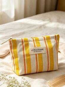 L'Occitane Yellow-Orange Vertical Striped Canvas Makeup Bag, Portable Travel Cosmetic Storage Bag, Daily Use, Vacation, Birthday, Holiday Gift LOCCITANE-GIFT-25 - Yellow + White - View 1