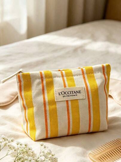L'Occitane Yellow-Orange Vertical Striped Canvas Makeup Bag, Portable Travel Cosmetic Storage Bag, Daily Use, Vacation, Birthday, Holiday Gift LOCCITANE-GIFT-25