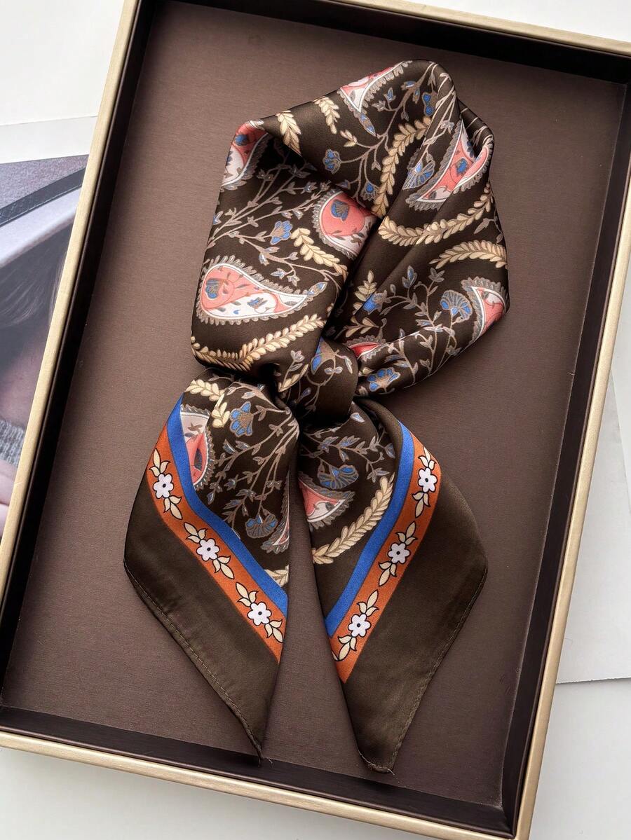 1pc Faux Silk Printed Square Scarf Headband Fashion Multi-Functional Small Neck Scarf Suitable For Daily Use - Coffee Brown - View 1
