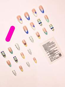 Change Your Nails With It 24片/組 法式中長杏仁形 藍白條紋 法式星星波點 鑲鑽全覆蓋穿戴式假指甲，適合女性與女孩派對、約會、度假使用 - 彩色 - 查看 4