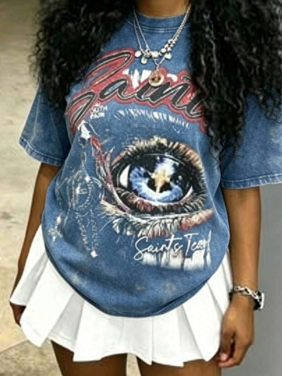 Cotton Clothes Y2K-Inspired Letter Print T-Shirt,Casual Crew Neck Short Sleeve, Perfect For Spring Summer Fall, Fashion Streetwear Unisex, Graphic Tee - 藍色2 - 查看 1