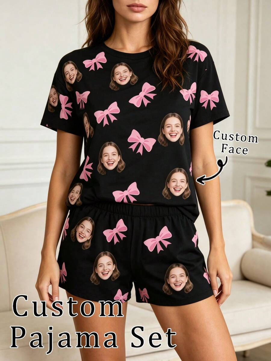 2pcs/Set Women's Customized Pajama Set, Suitable For Spring Wardrobe, Personalized Pattern Custom Design - Multicolor - View 1