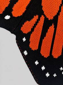 Women's Black & Orange Butterfly Wing Jacquard V-Neck Knit Long Sleeve Cardigan, Star Print Hem Short Length Outerwear, Suitable For Autumn/Winter - Multicolor - View 4
