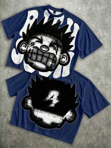 Manfinity Roghcode Men's Oversized Distressed Funny Diamond Teeth Tattoo Big Face Allover Print Cropped Loose T-Shirt (High Quality) - 寶藍色 - 查看 18