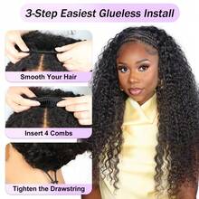 26 Inch Kinky Curly Half Wig, 3-In-1 Upgrade Synthetic Half Wig With Drawstring, 210% Density Seamless Clip-In & Flip-Over Headband Wig For Women, Wear And Go Beginner Friendly, Natural Black - Multicolor - View 6