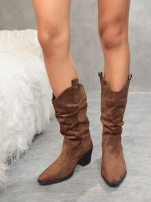 Women's Vintage Pointed Toe Chunky High Heel Tall Boots, Western Style Suede Fashion Boots, Ruched Stacked Slimming Boots, Autumn/Winter, Runs Small - Brown - View 4