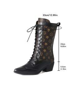 Front Lace-Up Pointed Toe Low Chunky Mid-Calf Boots With Criss-Cross Straps, Full Metal Eyelets, Solid Color Adjustable Minimalist Rider Boots - Coffee Brown - View 6