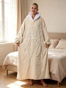 Hooded Pumpkin Wearable Blanket Bathrobe, Suitable For Cold Weather, Multiple Colors Available: Beige, Light Gray, Navy Blue, Orange Red, Pumpkin Embossed Pattern, Heavyweight Thickened Flannel Lining With Lamb Fleece, Long Pile Texture - Multicolor - View 6