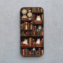 Vintage Bookcase Kitten Painted Phone Case For IPhone 17 16 15 14 Pro Max Plus 13 Mini 12 11 Pro Max XS X XR 16 Plus Back Cover - 黑色 SJM 5 - 查看 11
