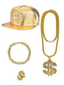4Pcs D EXCEED 80s 90s Hip Hop Costumes Outfit Kit Fake Gold Chain Necklace Dollar Sign Cap Jewelry Set Rapper Accessories - Multicolor - View 12