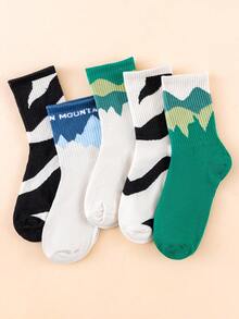 1/5/10 Pairs Gradient Color Block Mountain Wave Zebra Stripe Mid-Calf Socks, Unisex Outdoor Breathable High Elastic Workwear Hiking Chunky Sneakers Slouch Socks - Multicolor - View 2