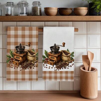 2 Buah Handuk Dapur Motif Kotak-kotak Vintage dengan Ilustrasi Penggiling Kopi, Handuk Dapur Mikrofiber, Ukuran 40*60cm Persegi Panjang, Kain Lap Piring, Taplak Meja, Handuk Tangan, Dekorasi Dapur, Hadiah Pindah Rumah untuk Tetangga, Serbet Dapur dan Kain Lap Piring, Dekorasi Rumah Hari Valentine