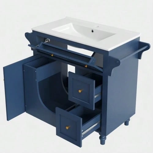 Bathroom Vanity, Smooth Ceramic Washbasin, 86 Cm High Vanity With Drawers And Towel Rack - 藏蓝色 - 查看 1