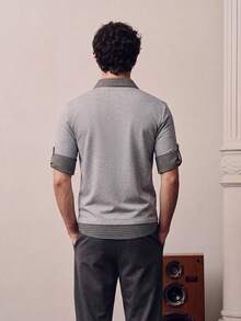 Men's Gray Contrast Trim Polo Shirt, 2 In 1 Short Sleeve Casual Knit Top - Grey - View 2