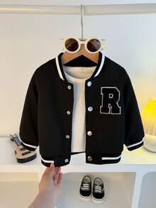 1pc Infant Toddler Spring/Autumn American College Style Baseball Jacket, Black Ribbed Striped Baseball Collar & Cuffs, Front Metal Snap Button Closure, 3D Flocked Large R Letter Patch On Chest, Loose Drop Shoulder Fit, Unisex Baby, Casual Everyday School & Outing Jacket - Black - View 1