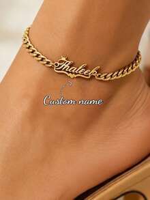 Customized Double Name Heart & Butterfly Pattern 5mm Cuban Link Anklet, Stainless Steel Adjustable Suitable For Women, Waterproof & Fade-Resistant Anklet, Birthday Gift For Her - Gold - View 1