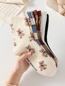 5 pares de calcetines de mujer con combinación multicolor, calcetines de media pantorrilla con doble capa de oso de peluche aterciopelado & patchwork a rayas, nuevo estilo para todas las estaciones - Multicolor - Ver 3