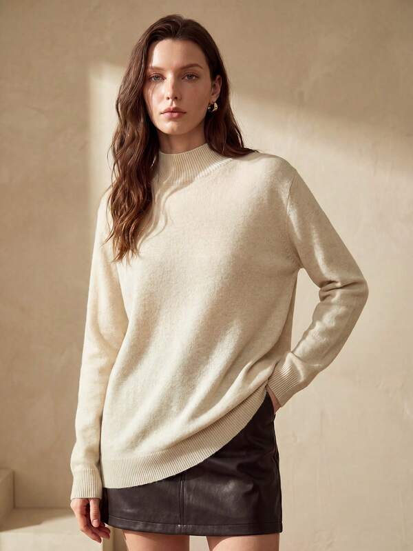 100% Merino Wool Women High Neck Long Sleeve Sweater, Warm & Soft Vintage Knit Pullover For Autumn/Winter Casual